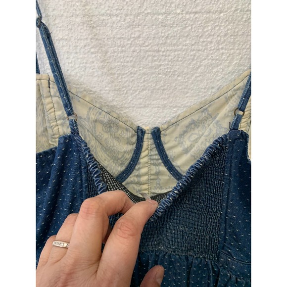Free People Denim Blue Jean Dot Bustier Mini Sun Dress Fit And Flare Size Small - Picture 8 of 9